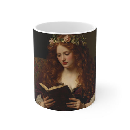 Romantic Mug with Woman holding a book and two Angels Front