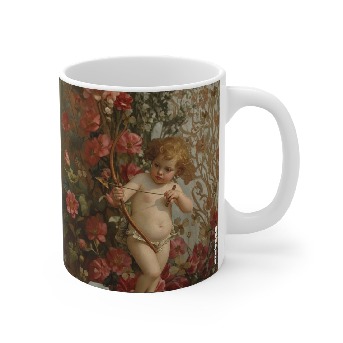 Vintage Romantic Valentine Mug with Floral Wreathed Maiden and Cupid right