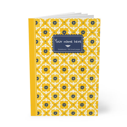 Softcover Notebook A5 White Bees & Floral Pattern — PERSONALIZED Decorative Journal