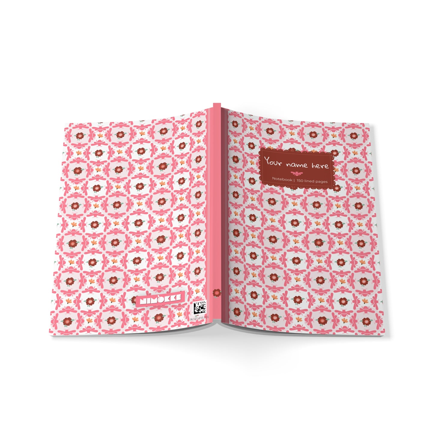 Softcover Notebook A5 Pink Bees & Floral Pattern — PERSONALIZED Decorative Journal