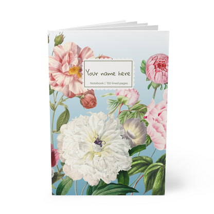 Floral Peony A5 Softcover Notebook | Personalized 'Your name here' Journal, Vintage Botanical Design