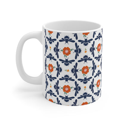 Geometrical Floral and Bees Ceramic Mug in Blue and Orange