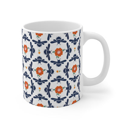 Geometrical Floral and Bees Ceramic Mug in Blue and Orange