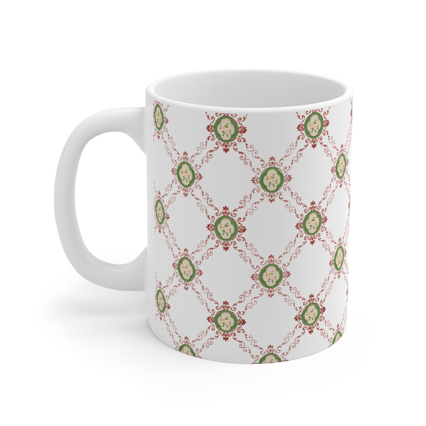 Victorian Floral Pattern Pink and Green (White) Ceramic Coffee Mug