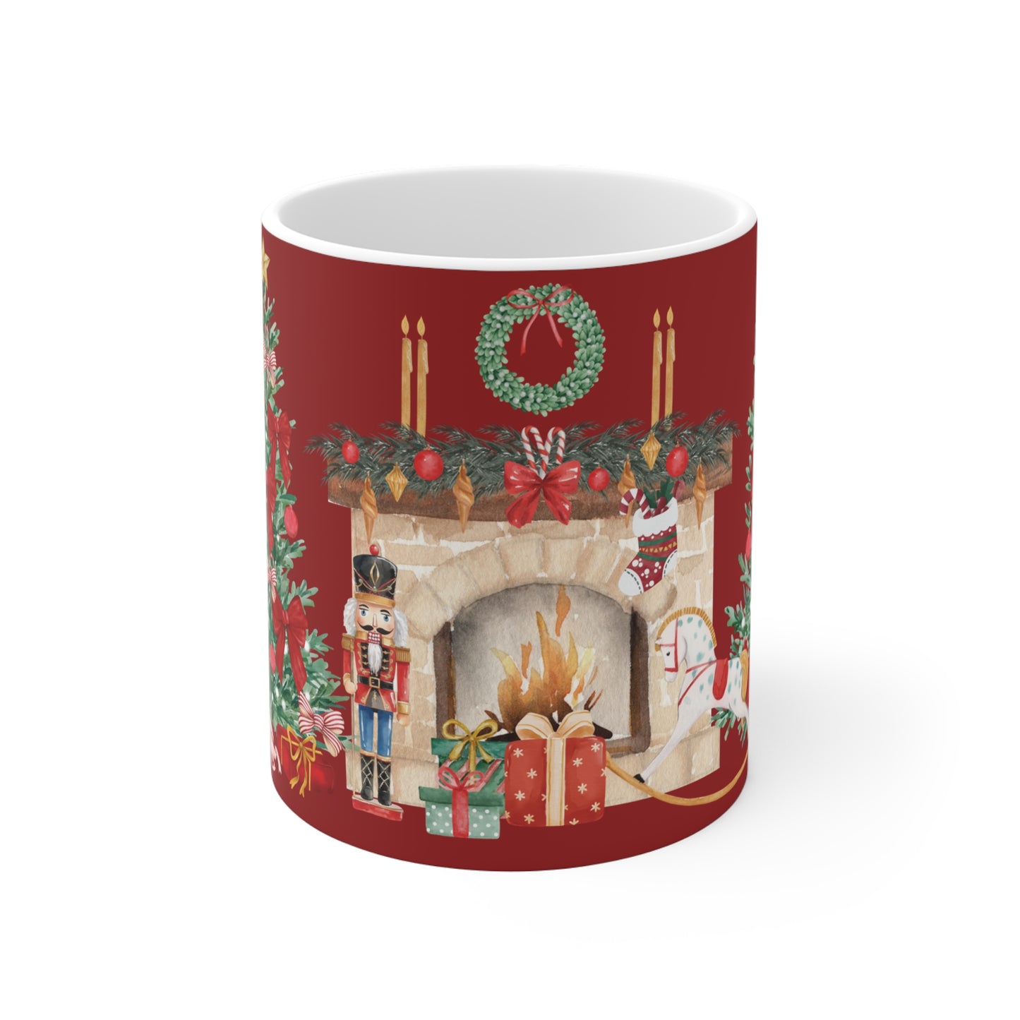 Decorative Christmas mug with a festive design on a red background