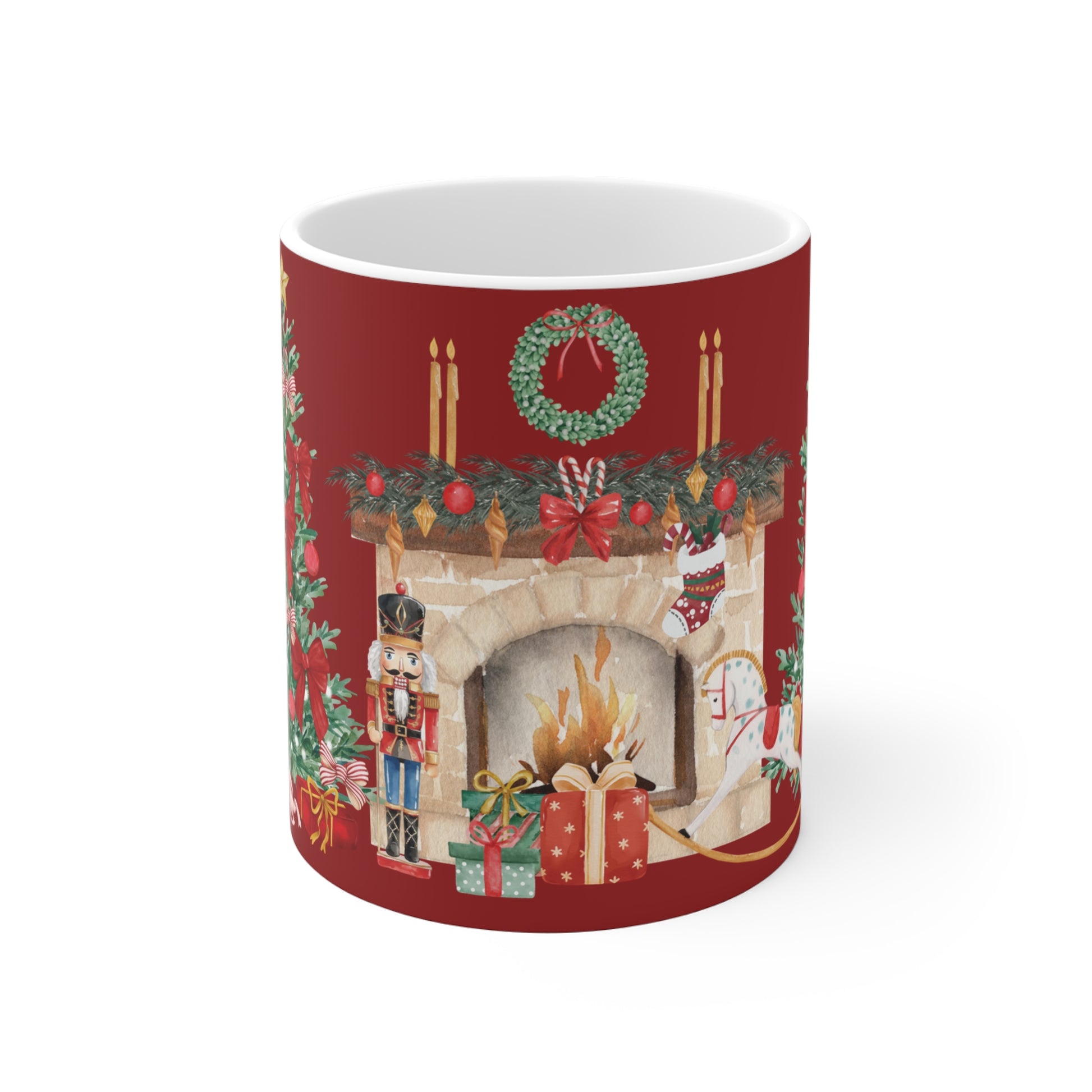 Decorative Christmas mug with a festive design on a red background