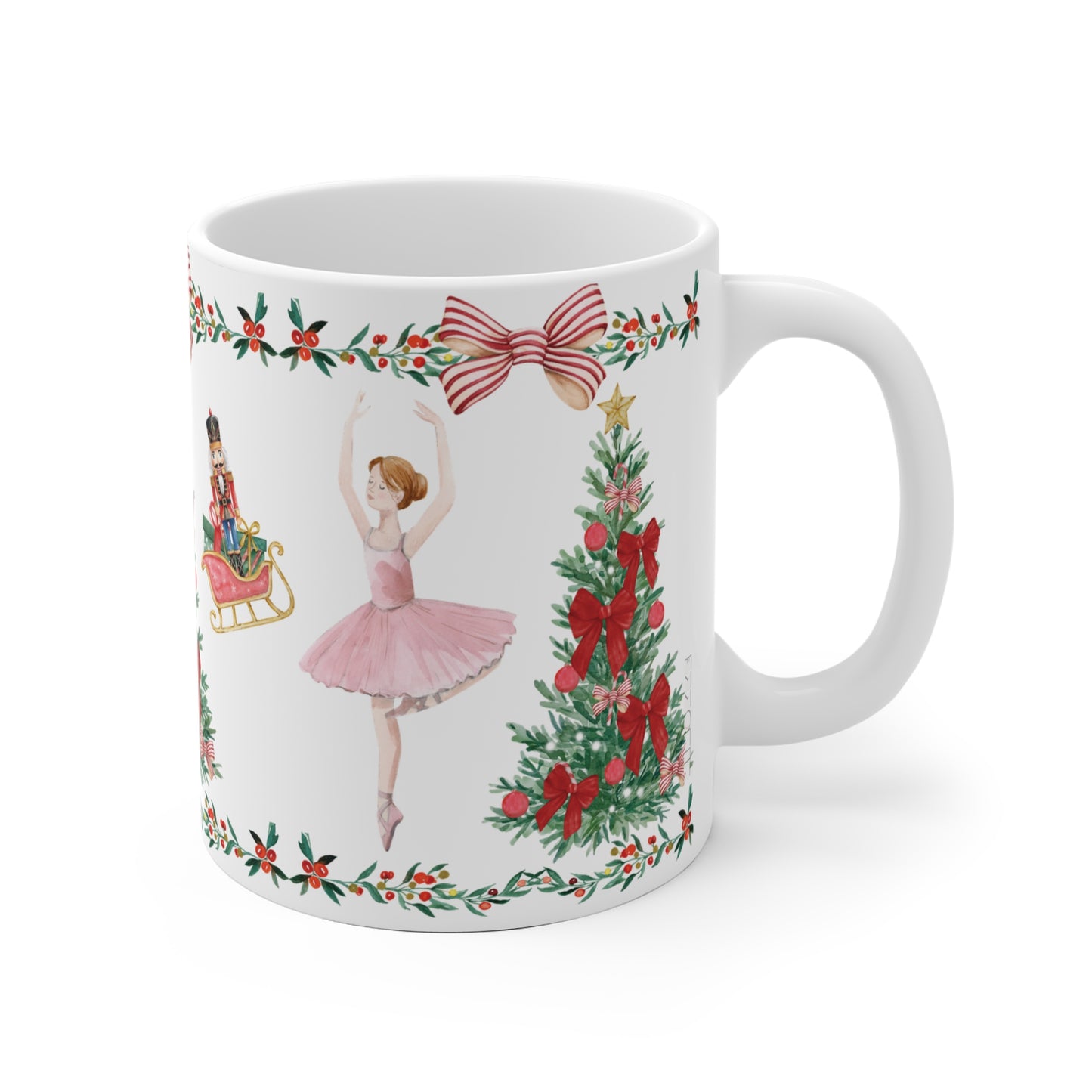 Festive ceramic coffee cup featuring Nutcracker ballet theme and holiday decorations