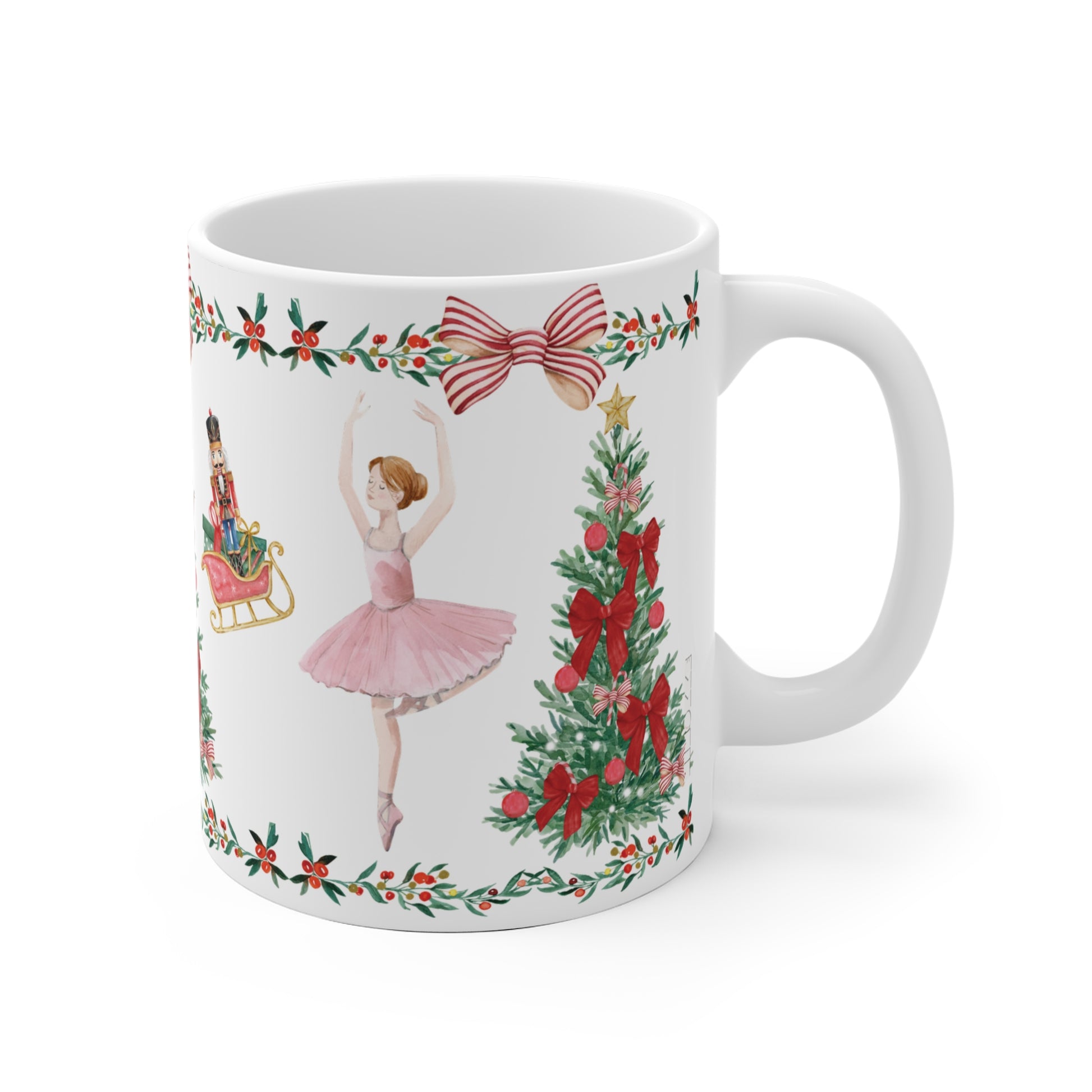 Festive ceramic coffee cup featuring Nutcracker ballet theme and holiday decorations