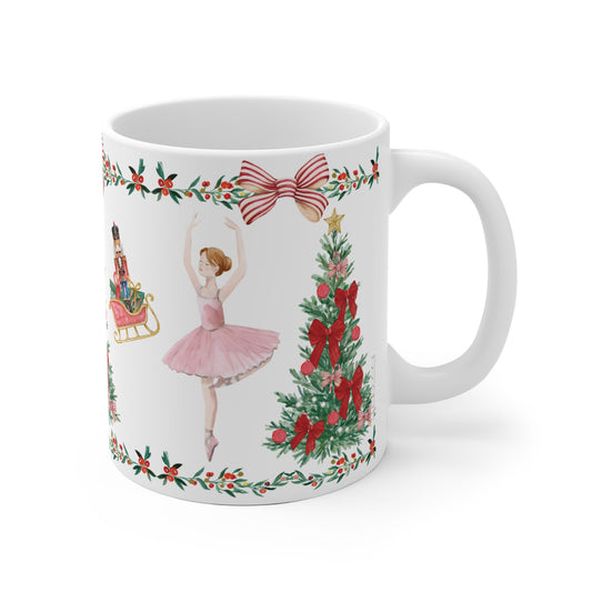 Festive ceramic coffee cup featuring Nutcracker ballet theme and holiday decorations