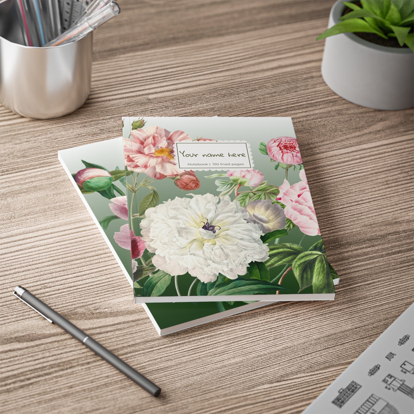 Floral Peony Green A5 Softcover Notebook  — Personalized 'Your name here' Journal, Vintage Botanical Design