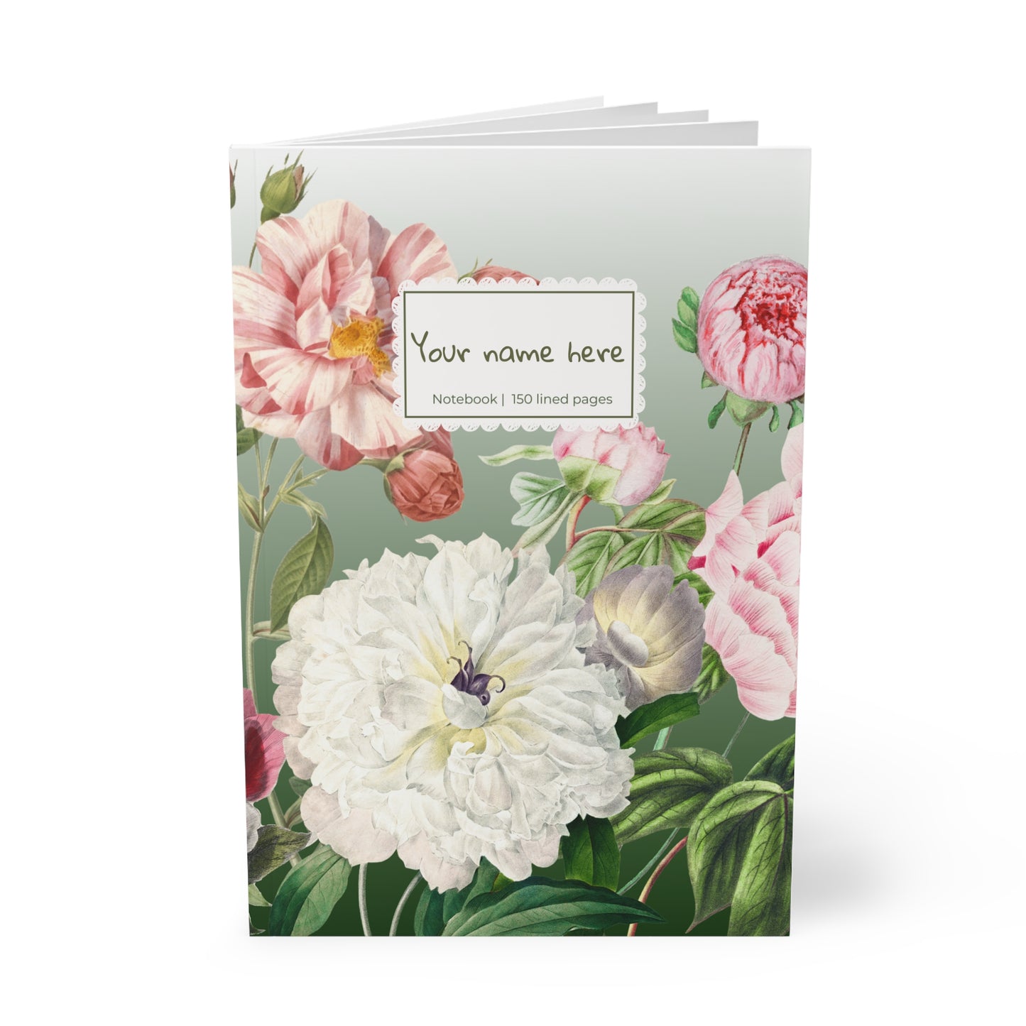 Floral Peony Green A5 Softcover Notebook  — Personalized 'Your name here' Journal, Vintage Botanical Design