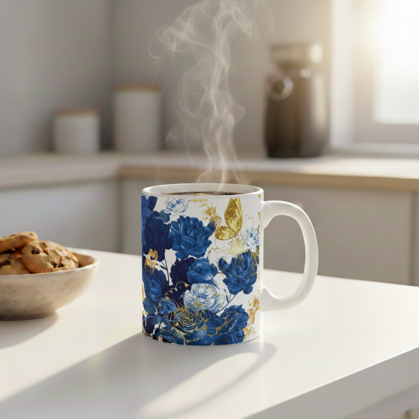 Blue & Gold Floral Ceramic Mug with Butterflies