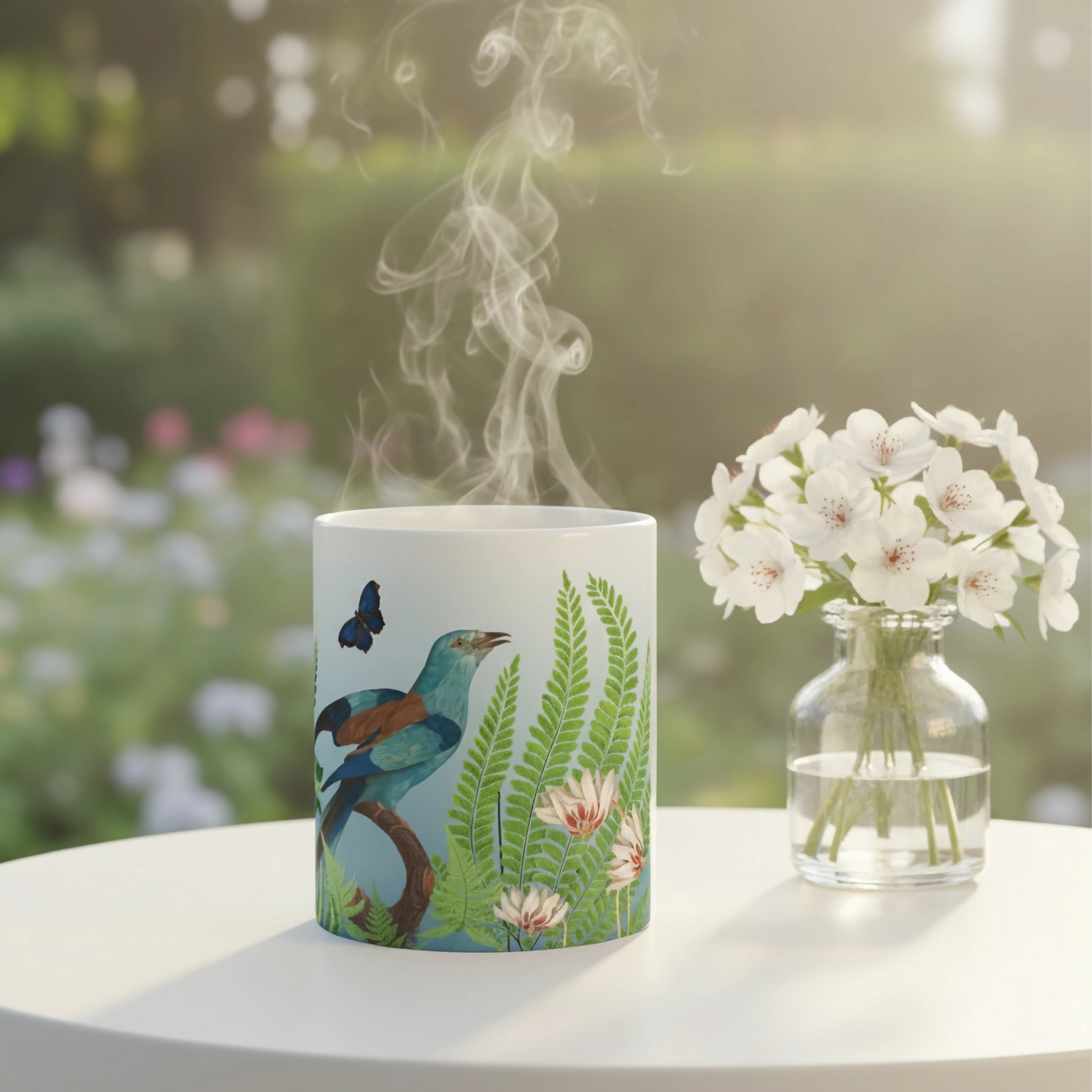 Ceramic Mug with Ferns, Bluebird & Butterfly