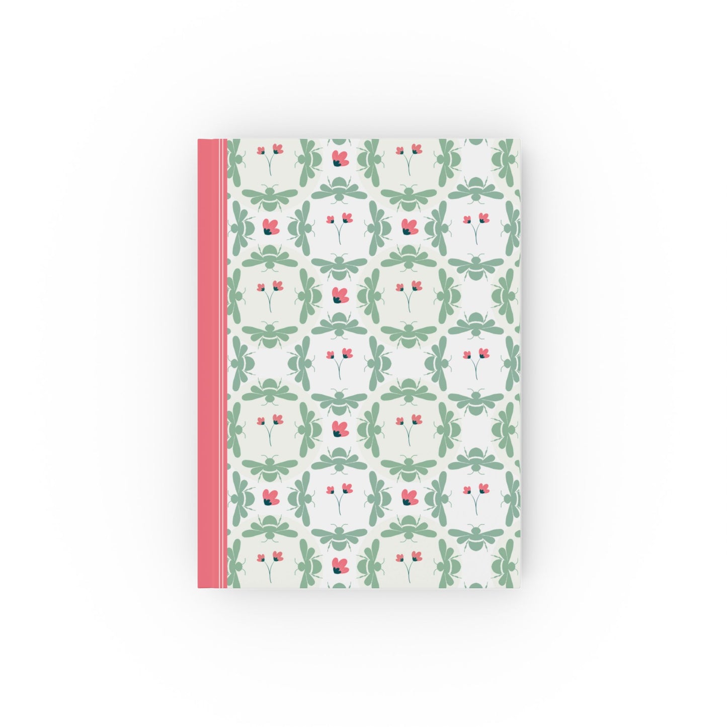 Hardcover notebook with green bees and pink flowers pattern FRONT