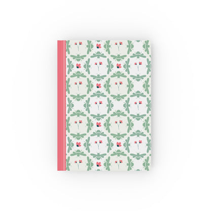Hardcover notebook with green bees and pink flowers pattern FRONT