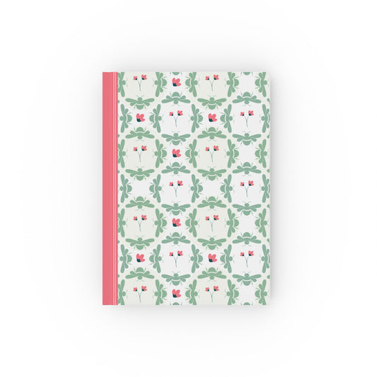 Hardcover notebook with green bees and pink flowers pattern FRONT