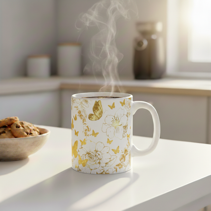 Gold Floral Ceramic Mug with Butterflies