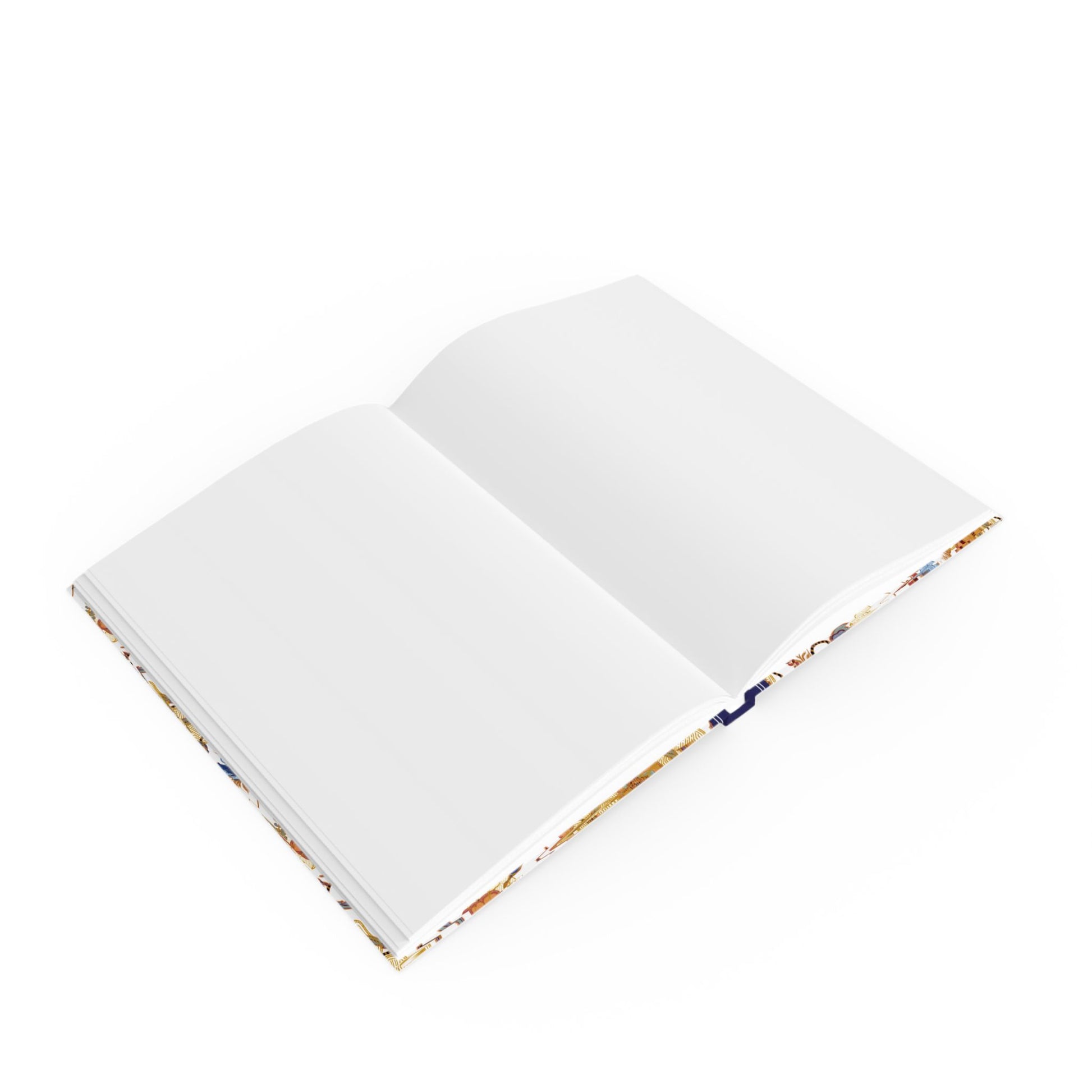 Open hardcover notebook showing lay-flat spine and 90 gsm paper BLANK