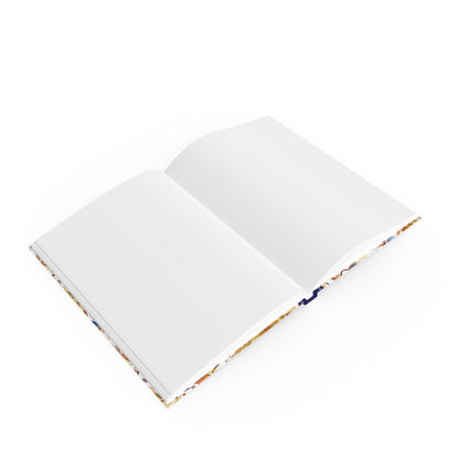 Open hardcover notebook showing lay-flat spine and 90 gsm paper BLANK