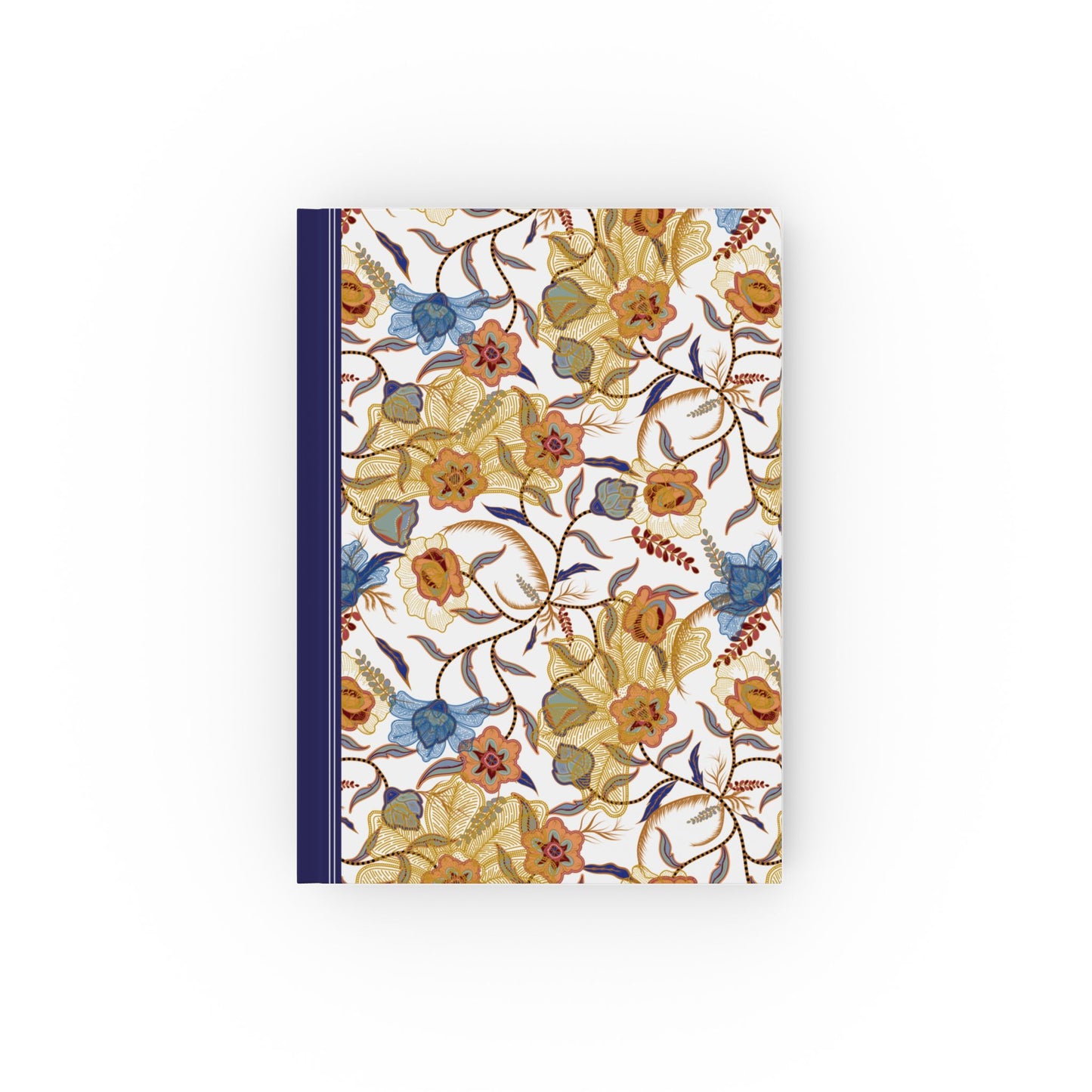 Hardcover notebook with Batik floral design in orange, blue, and gold FRONT