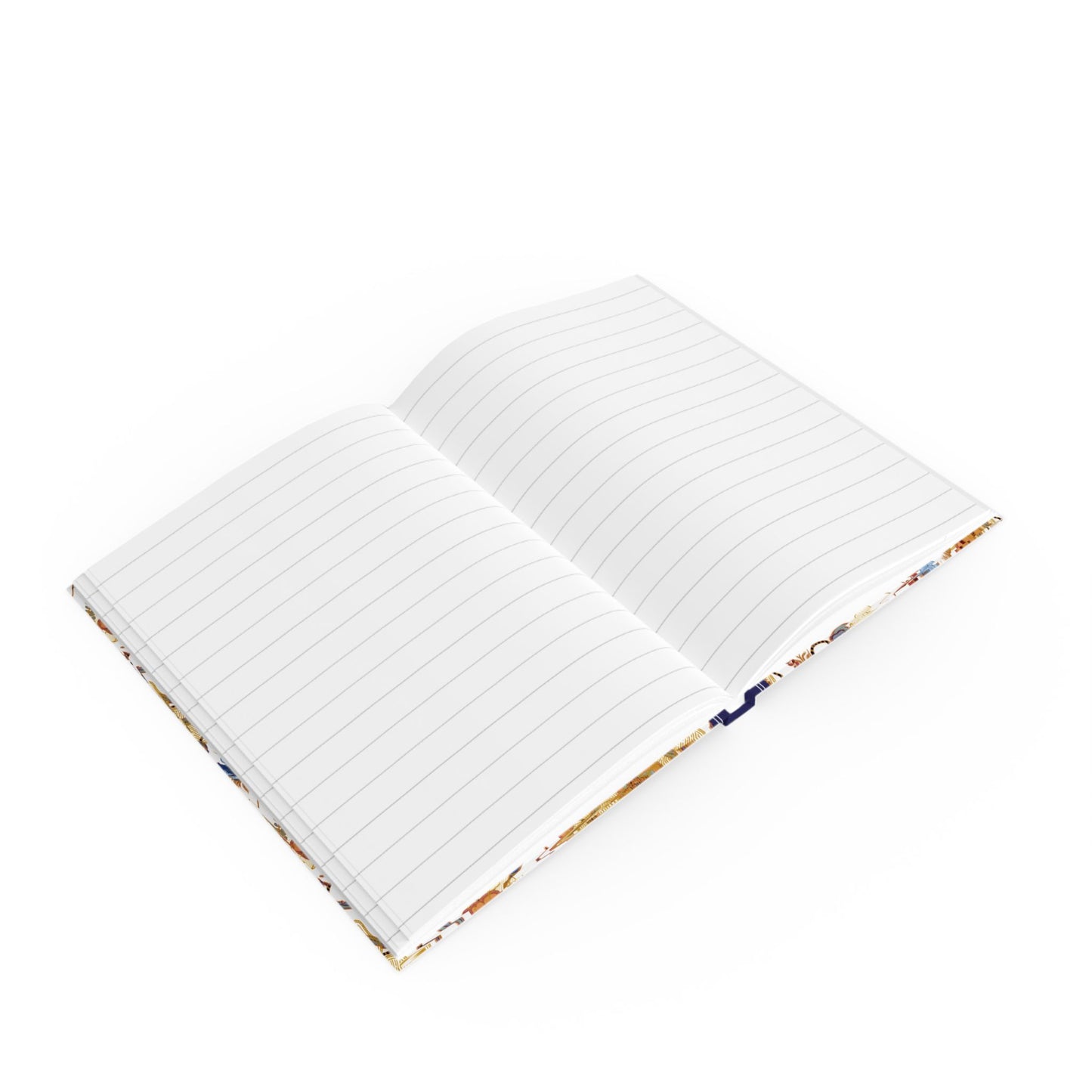 Open hardcover notebook showing lay-flat spine and 90 gsm paper RULED