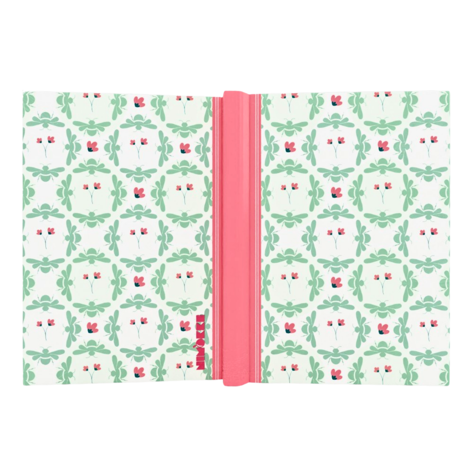 Close-up of hardcover notebook with nature-inspired pattern
