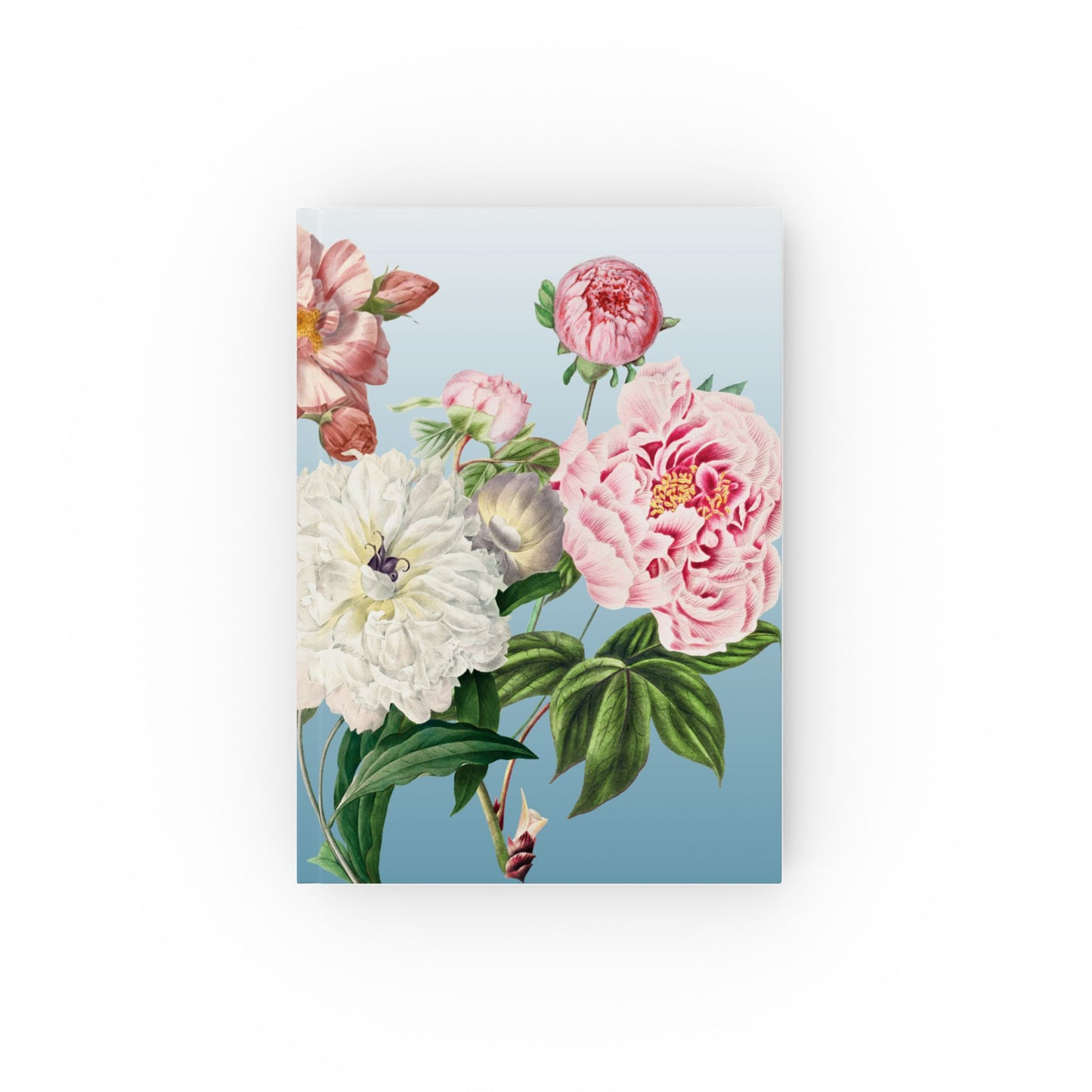 Floral design Notebook on a blue background with pink, white, and green flowers.