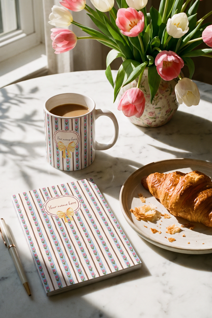 A styled breakfast scene on a marble table with a striped tulip mug of coffee, a matching A5 tulip softcover notebook, a croissant on a plate, and a vase of pink and white tulips in the background.