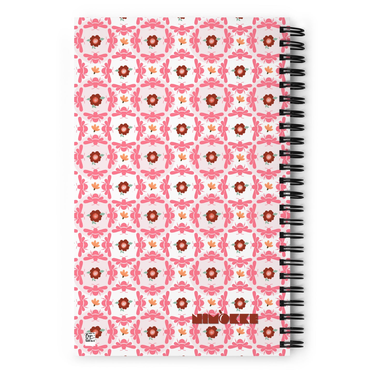 Spiral notebook with pink bees and floral medallion design – dotted journal BACK