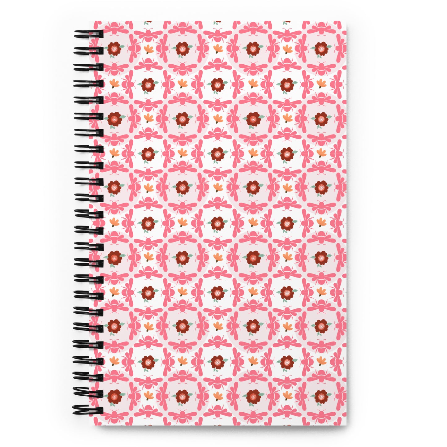 Spiral notebook with pink bees and floral medallion design – dotted journal FRONT