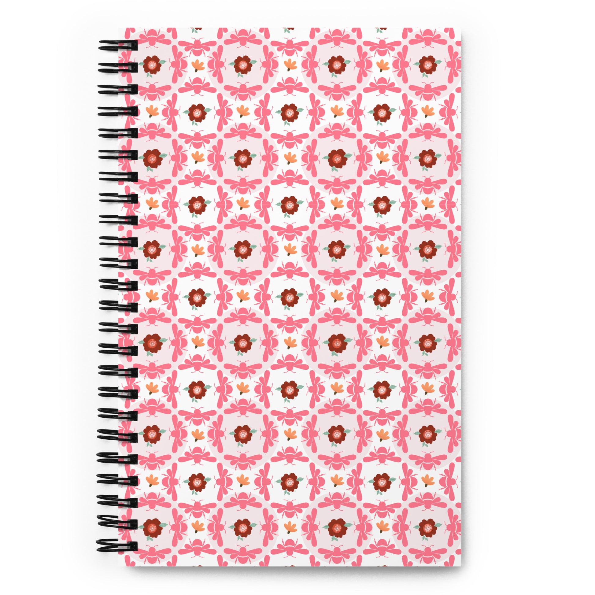 Spiral notebook with pink bees and floral medallion design – dotted journal FRONT
