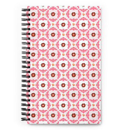 Spiral notebook with pink bees and floral medallion design – dotted journal FRONT
