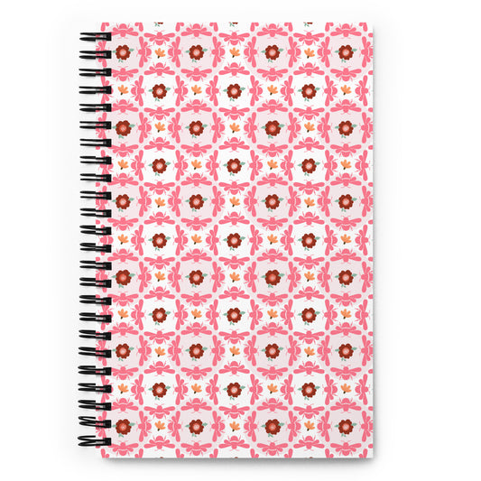 Spiral notebook with pink bees and floral medallion design – dotted journal FRONT