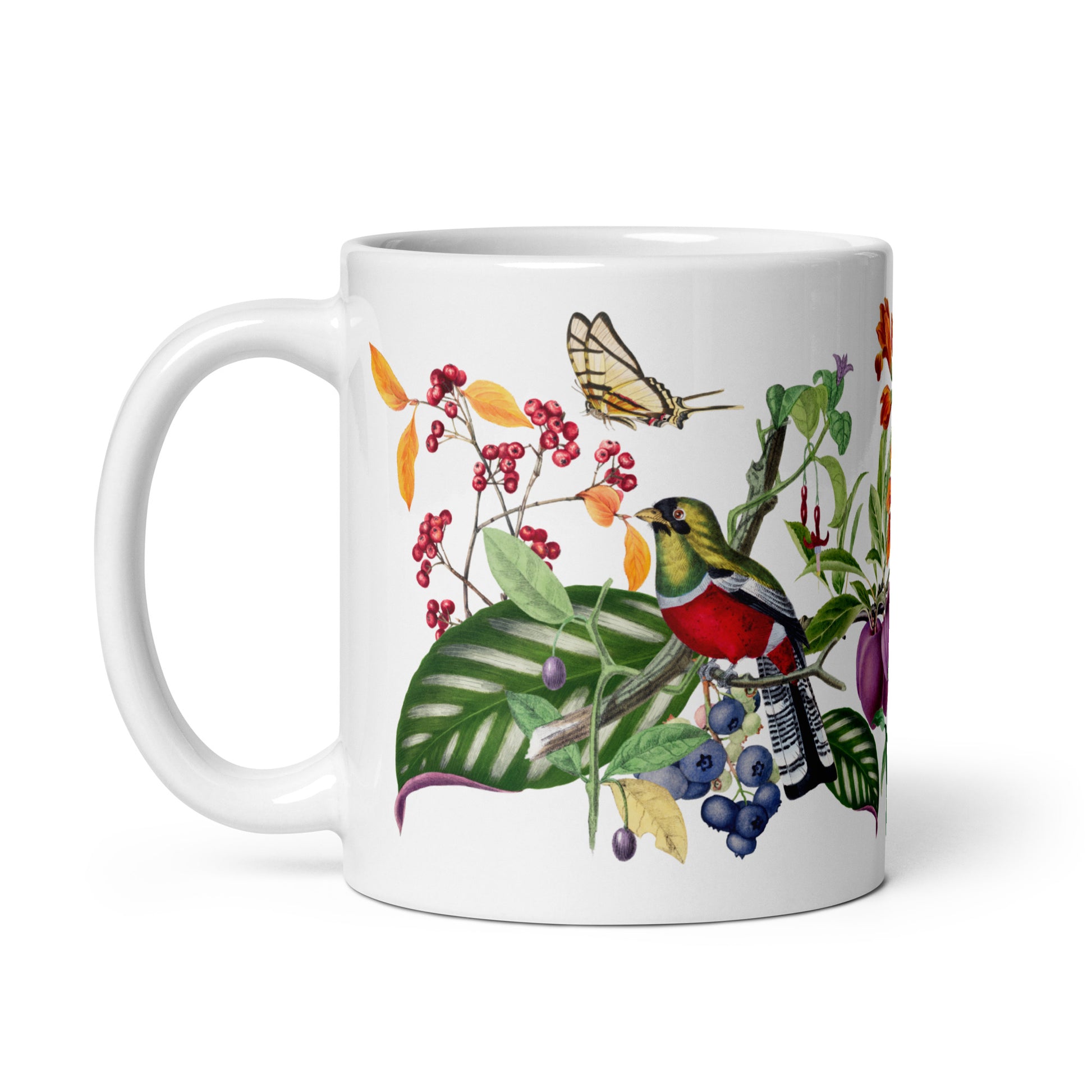 Tropical Birds Butterflies Mug Handle on Left