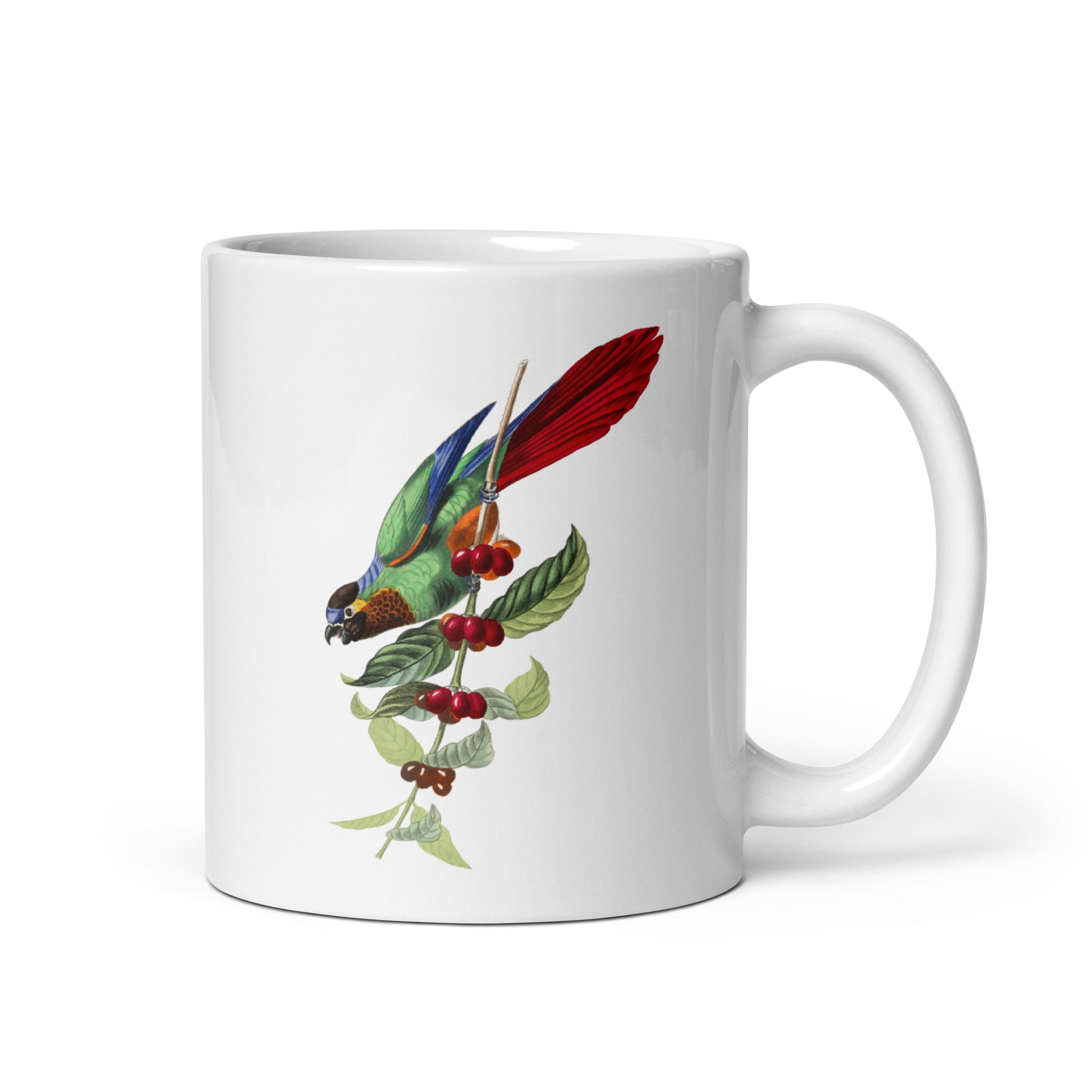 A white ceramic mug with a colorful illustration of a parakeet bird perched on a branch with leaves and berries.